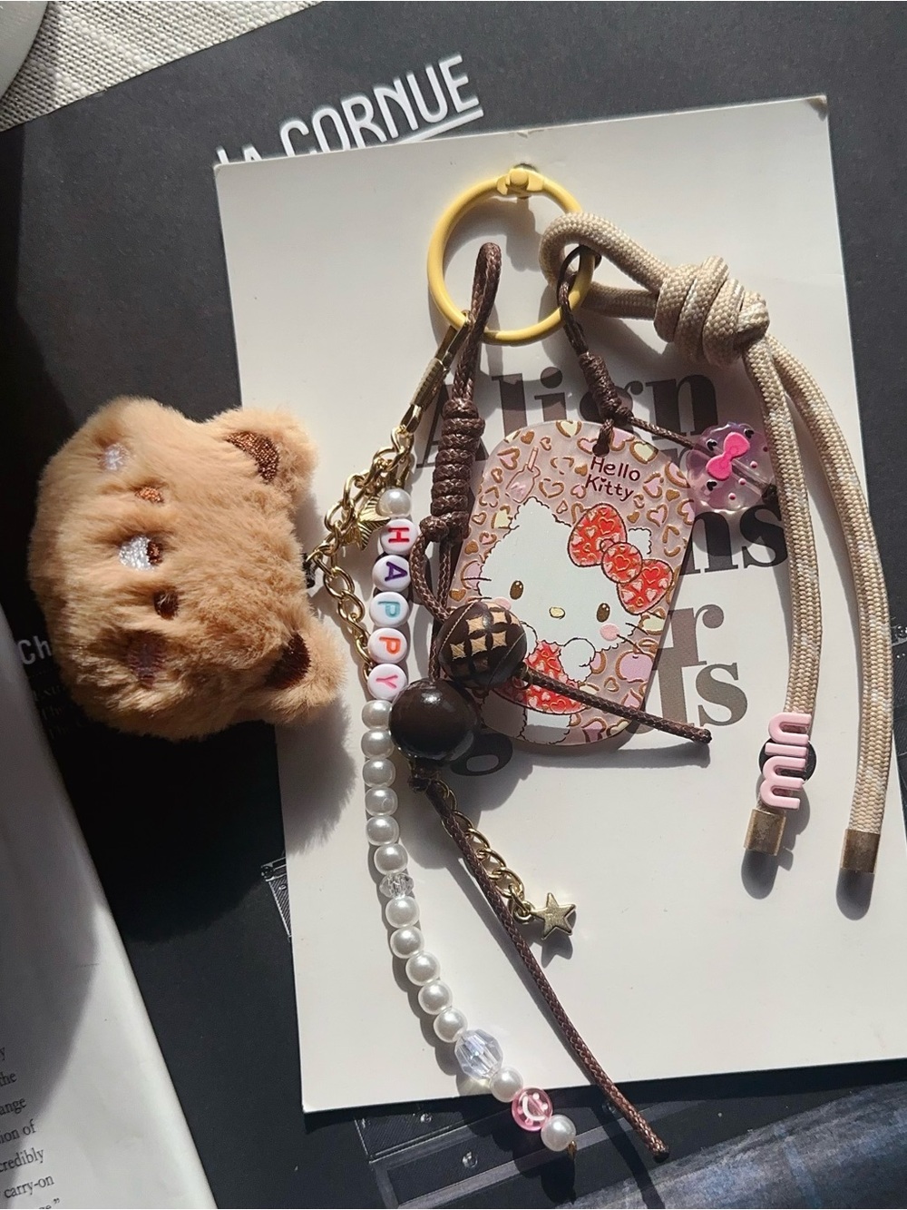 La Cornue Miu-inspired Bag Charm Set with Fuzzy Bear, Hello Kitty & Happy charm